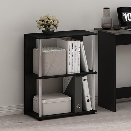Furinno Jaya Simple Design 3-Tier Bookcase/Bookshelf/Display Rack with Stainless Steel Tubes, Americano