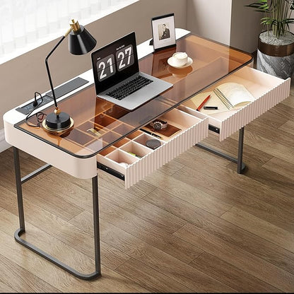 Lartis Office Desk with Drawers for Home Working Studying Computer Desk with Built-in Outlet Writing Desk Dressing Table Vanity Table no Mirror Intelligent Socket with USB Port