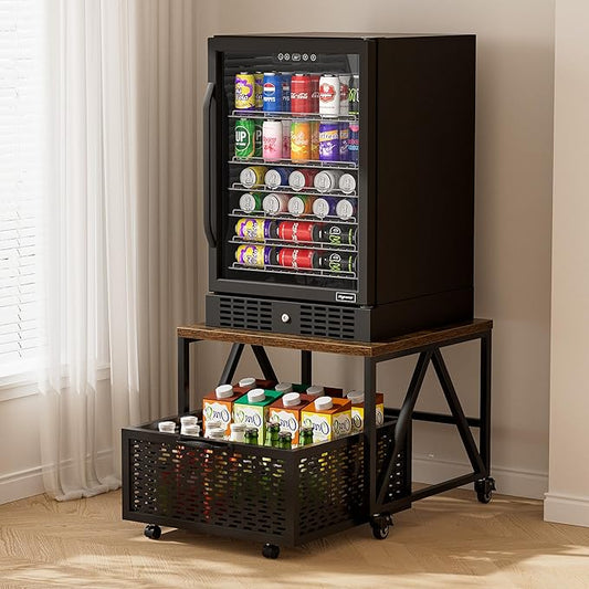 Urban Deco Mini Fridge Stand with Storage, Heavy Duty Fridge Cart with Drawer Basket, Mini Refrigerator Table for 220 LBS, Mobile Fridge Stand with Swivel Wheels for Dorm,Office,Home,Retro Brown