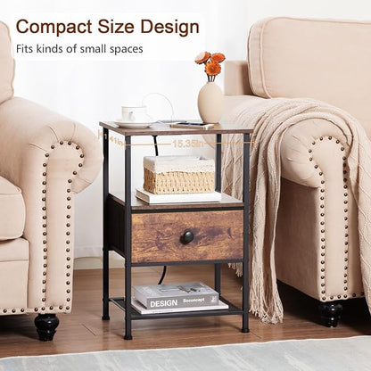 Night Stand Set 2, Nightstand with Charging Station, End Tables Living Room with Fabric Drawer for Small Spaces, Side Tables with Storage Shelf for Bedroom, Rustic Brown HETS010PBR