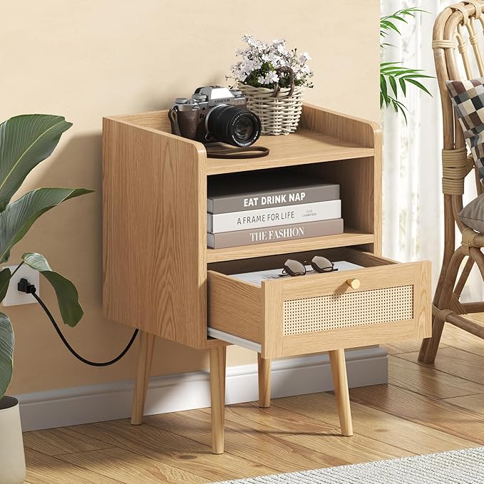 Nightstand Rattan with Charging Station, Mid Century Modern Bed Side Table, Boho End Table with Wood Legs, Bedside Tables for Bedroom Living Room (1, Natural, 11.8" D x 15.9" W x 23.4" H (1 Drawers))