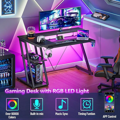 47 Inch Gaming Desk with Power Outlet & LED Lights, Corner Computer Desk with 3 Tiers Storage Shelves, Home Office Desk with Monitor Stand for Small Space, Carbon Fiber Black