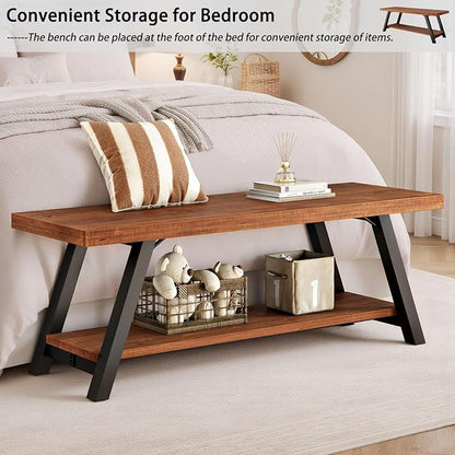 IBF Solid Wood Entryway Bench, Natural Real Wood Storage Bench, Farmhouse Wooden Shoe Bench in Entry Way Hallway Foyer Rack, Bedroom Bench Seat for Living Bed Mud Room Indoor, Rustic Brown, 47 Inch