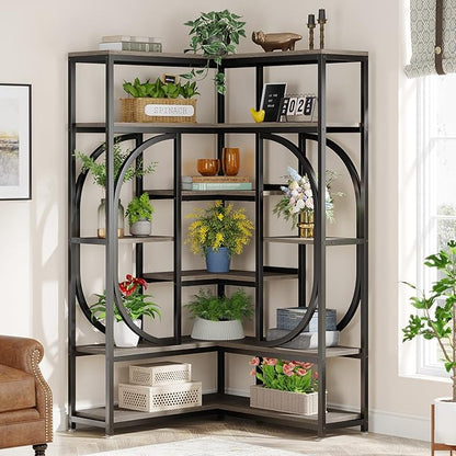 LITTLE TREE Large Corner Bookshelf Industrial Bookcase for Living Room Home Office,Grey