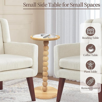Drink Table, Boho Rattan Flower Small Side Table for Small Spaces, Solid Wood Modern Nightstand for Living Room, Bedroom, Farmhouse, Corners
