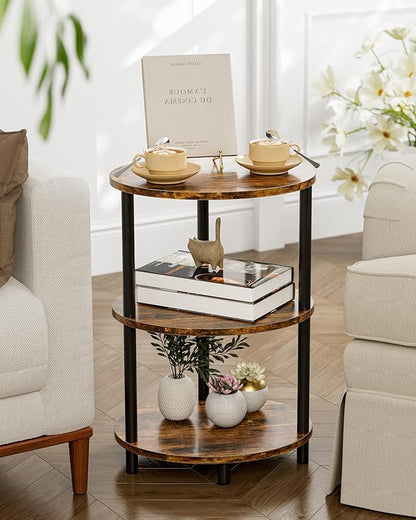 Small Round Side Table - 3-Tier Oval Accent Table for Small Spaces, Rustic Wood and Metal Couch End Table, Nightstand for Bedroom or End Table Living Room, Set of 2, Rustic Brown
