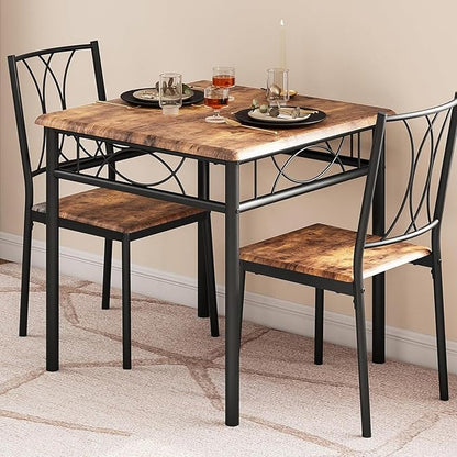 GarveeHome Small Dining Table Set for 2, Square Table and Chairs Set of 2, 3 Piece Kitchen Table Set of 2 with Upholstered Chairs, Dinner Table Set for 2 for Small Spaces, Apartment, Rustic Brown