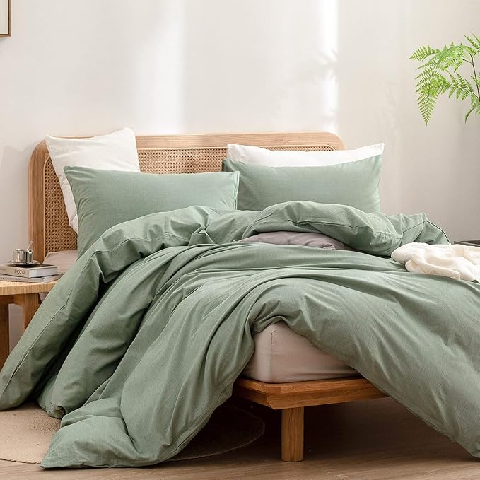 BESTOUCH Duvet Cover Set 100% Washed Cotton Linen Feel Super Soft Comfortable Chic Lightweight 3 PCs Home Bedding Set Solid Green Super King