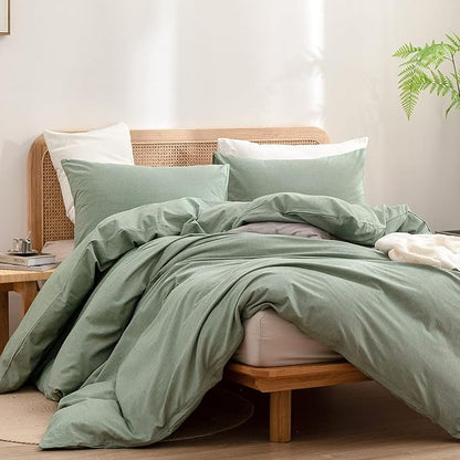 BESTOUCH Duvet Cover Set 100% Washed Cotton Linen Feel Super Soft Comfortable Chic Lightweight 3 PCs Home Bedding Set Solid Green Super Queen