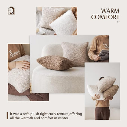 Foindtower 2 Pieces 22x22 Inch Chocolate, Faux Fur Throw Pillow Cover Accent Sherpa Pillow Fuzzy Soft Pillowcases Sheepskin Decorative Fleece Cushion Case for Bed Couch Living Room