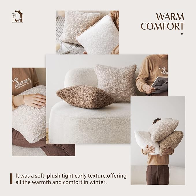 Foindtower 2 Pieces Teddy Faux Fur Throw Pillow Cover Decorative Sherpa Pillow Fuzzy Accent Pillowcases Soft Sheepskin Fleece Cushion Case for Bed Couch Living Room 18x18 Inch Chocolate