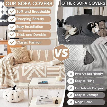 STACYPIK Reversible Khaki Beige Couch Cover Boho Couch Cover for Dogs with Tassels Anti-Slip Furniture Protector for 2 Cushion Couch Versatile Sofa Protector Washable Loveseat Cover Decor-71X102IN
