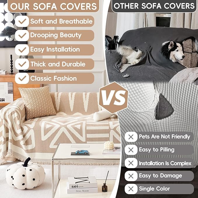 STACYPIK Boho Couch Cover, Khaki Sofa Cover for Dogs, Tassels Loveseat Cover for Sectional, L-Shape Protector for 3 Cushion Couch, Washable Chenille Slipcover, Multi-Use Decorative Blanket-71X134IN
