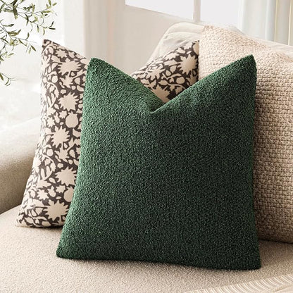 Foindtower Set of 2, Decorative Textured Boucle Throw Pillow Covers Accent Solid Pillow Cases Neutral Cozy Couch Cushion Case for Chair Sofa Bedroom Living Room Home Decor 26x26 Inch Pine Green