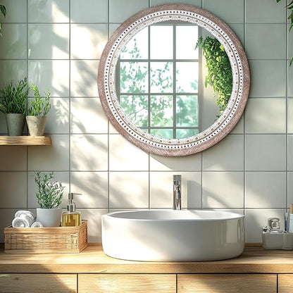 24 Inch Wooden Round Mirror for Wall Decor, Farmhouse Rustic Decorative Circle Mirrors with Beaded Frame, for Bedroom, Bathroom, Living Room, Entryway