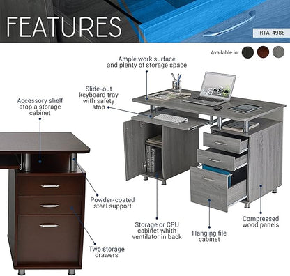 Techni Mobili 47.25" Ergonomic Computer Drawers & File Cabinet for Home Office Storage, Espresso Writing Desk