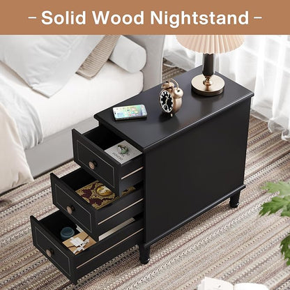 Tribesigns Solid Wood End Table, Fully Assembled Narrow Side Table with Drawers, Pre-Assembled Nightstand Slim Bedside Table for Small Spaces, Living Room, Bedroom, Black