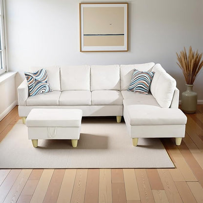 Couches for Living Room Modern L Shaped Couch Comfy Flannel Fabric 3 Pieces Sectional Sofa with Chaise, Ottoman with Storage for Office and Small Apartment, White