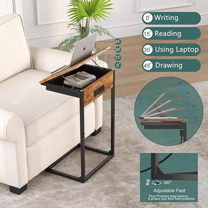 C Shaped End Table with Charging Station,45° Tiltable Adjustable Flip Top Side Table Set of 2,Small C Table Set 2 for Small Spaces,Slide Under Couch Sofa Bedside Table Living Room,Rustic Brown