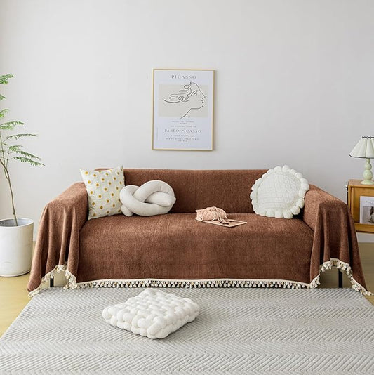 HANDONTIME Boho Style Sofa Cover with Tassels, Washable & Non-Slip Couch Cover for 3 Cushion Sofa, Herringbone Pattern Pet-Friendly Sofa Slipcover, Chocolate Color, 71"x118", Living Room Decor