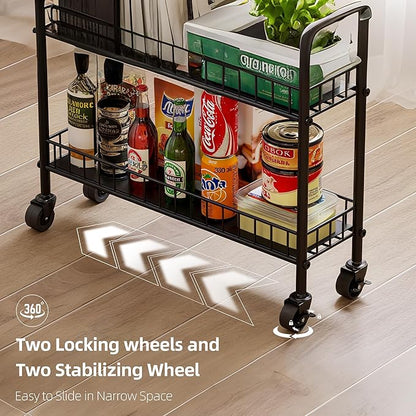 6-Tier Slim Storage Cart, Rolling Kitchen Cart with Wheels, Narrow Metal Shelf Organizer with Hooks for Kitchen, Bathroom, Living Room, Laundry, Small Spaces (Black, 6 in)