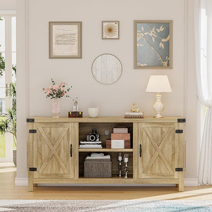 YESHOMY Farmhouse Buffet & Sideboard, 58" Kitchen Storage Cabinet with Adjustable Shelves & Doors, Wood Coffee Bar for Living Room, Entryway, Yellow