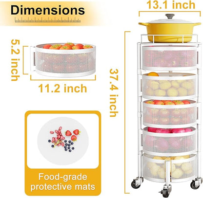 SNTD Fruit and Vegetable Basket Bowls for Kitchen with Metal Top Lid, 5 Tier Rotating Storage Rack Cart for Potato Onion Banana, Wire Basket Organizer on Wheels, Large (White)