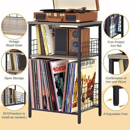 X-cosrack Record Player Stand with Storage Up to 100 Albums, 3 Tier Vinyl Record Storage for Living Room, Turntable Stand with Record Holder & Display Shelf(Patent Pending)(Greige & Black)