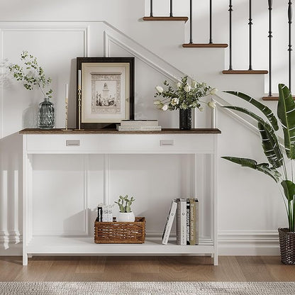 ChooChoo Farmhouse Long Entryway Table with Drawer, Mission Narrow Console Sofa Table with Storage, for Entryway,Living Room and Hallway, 47 Soft White and Brown
