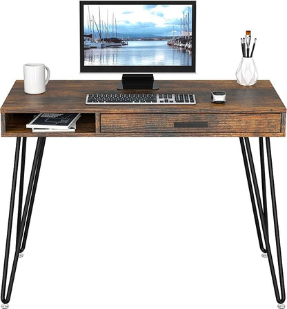 SHW Home Office Computer Hairpin Leg Desk with Drawer, Rustic Brown