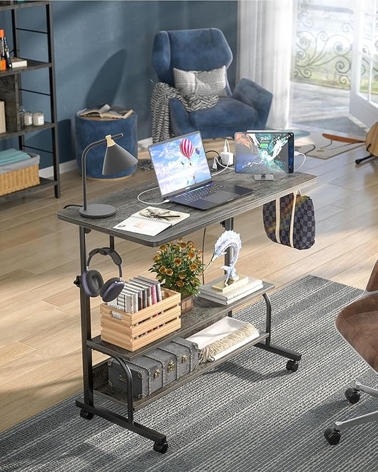Height Adjustable Standing Desk with Power Outlets, 32" Manual Stand Up Desk with Storage Shelves Small Mobile Rolling Computer Desk Portable Laptop Table with Wheels for Home Office, Grey Oak