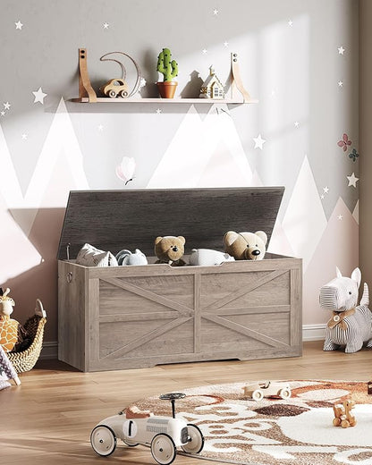 Storage Chest, 43.3" Wooden Storage Trunk, Retro Storage Bench with Safety Hinge, Toy Box, Farmhouse Style, for Bedroom, Living Room, Charcoal Gray and Greige MCW11HC