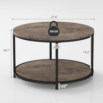 NSdirect Round Coffee Table, 27.5" Small Coffee Table for Living Room,2-Tier Rustic Wood Desktop with Storage Shelf Modern Design Home Furniture(Light Walnut)