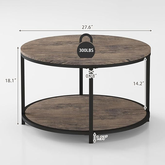 Round Coffee Table, Rustic Wooden Surface Top & Sturdy Metal Legs Industrial Sofa Table for Living Room Modern Design Home Furniture with Storage Open Shelf (Walnut, 27.6 in)
