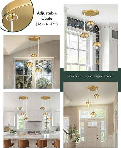 LMS Brushed Gold 3-Light Cluster Pendant Lights, Modern Dining Room Light Fixtures Over Table with Clear Globe Glass, Adjustable Hanging Cord Ceiling Light for Dining Room Kitchen Island, LMS-186BGC3