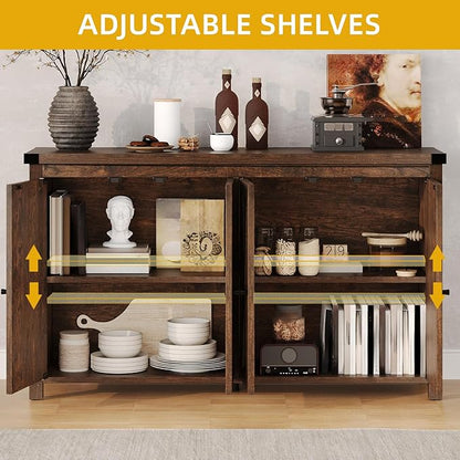DWVO Farmhouse Sideboard Buffet Cabinet with Storage, 55'' Kitchen Storage Cabinet with Doors, Large Coffee Bar Cabinets with Adjustable Shelves for Kitchen, Living Room, Brown