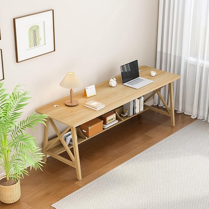 Extra Long Desk with Bookshelf - Wooden Home Office Work Study Table, 2-Person Writing Computer Workstation with Storage Shelf in Oak, 71" Wx20 Dx30 H