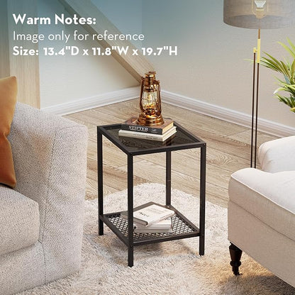 SAYGOER Black Side Table Small Glass End Table 2-Tier Narrow Square Bed Side Tables, 13.4"x11.8"x19.7", Sofa Small Leisure Table with Black Metal Frame for Modern Living Room Bedroom, BK Glass