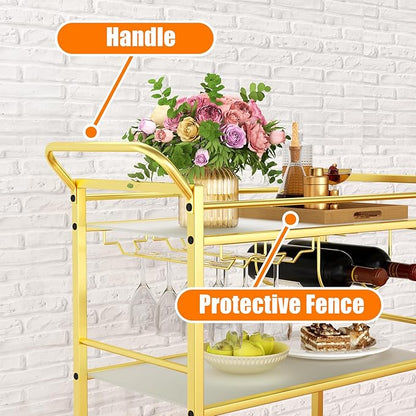 Gold Bar Cart, Serving Cart for Home, Rolling Beverage Cart with Wheels, Wine Cart, 3-Tier Drink Carts with Wine Rack, Glass Holder, Stylish Glass Shelf, for Kitchen, Living Room