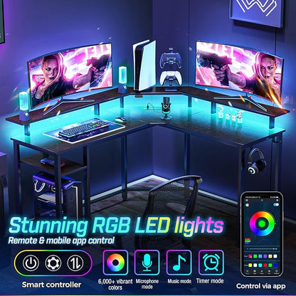 Rolanstar L Shaped Gaming Desk with LED Lights & Power Outlets, 46.2" Computer Desk with Full Monitor Stand & Storage Shelf, Corner Desk with Hooks, Black Desk Reversible
