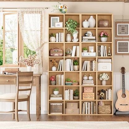 FOTOSOK 71’’ Narrow Bookshelf and Bookcase, Wooden Shelf 7 Tier Media Storage Tower Rack, CD DVD Storage Tower Rack with Adjustable Shelves,Double Wide Slim Bookshelf Cube Storage Organizer, Natural