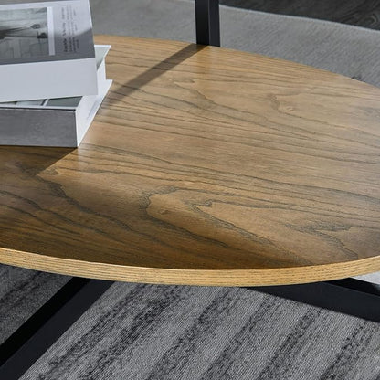 Solid Wood Oval Coffee Table with Cross Metal Legs, 43.3in Modern Industrail Center Table with Open Shelf Cocktail Tea Table for Living Room Bedroom, Rustic Nature 1811