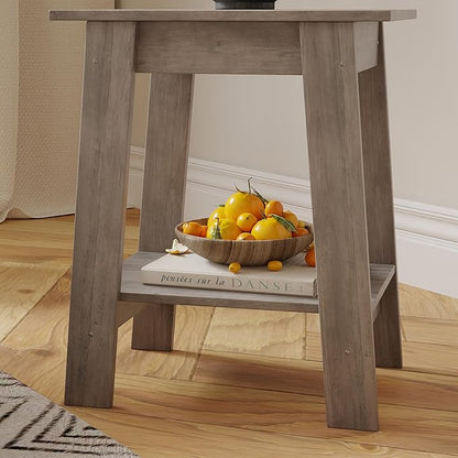 End Table with Double Storage Shelves, Small Space Side Table for Farmhouse Bedroom, Studio Apartment, Entryway, Grey