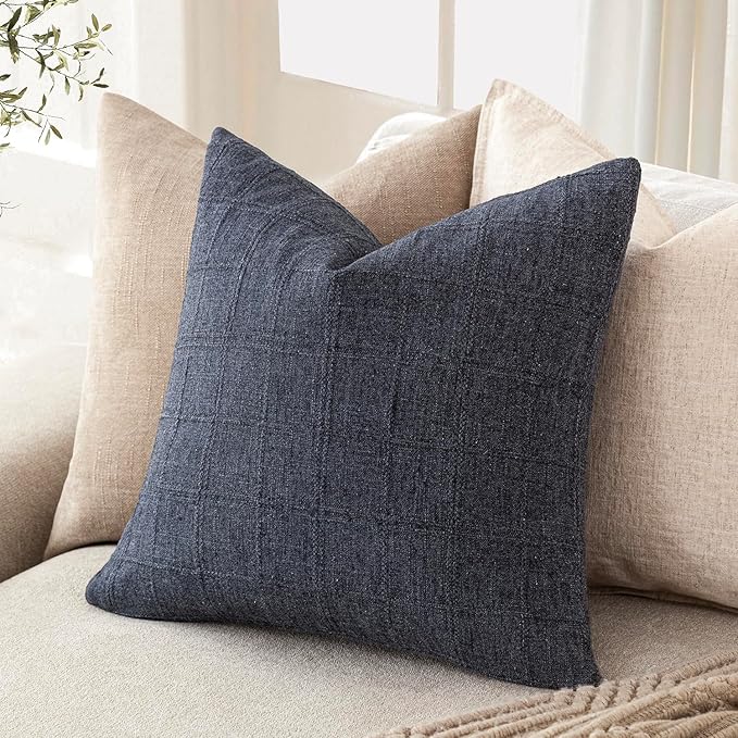 Foindtower Set of 2 Decorative Linen Check Throw Pillow Covers Neutral Farmhouse Vintage Cushion Covers Modern Boho Home Decor for Sofa Chair Couch Bedroom Living Room Outdoor,24×24 Inch,Navy Blue