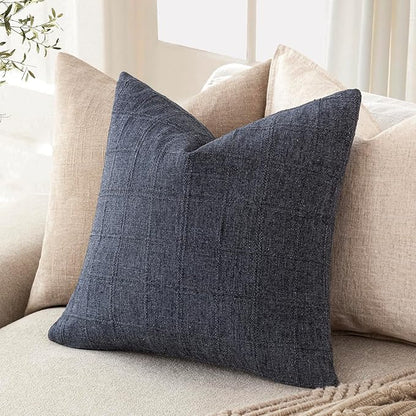 Foindtower Set of 2 Decorative Linen Check Throw Pillow Covers Neutral Farmhouse Vintage Cushion Covers Modern Boho Home Decor for Sofa Chair Couch Bedroom Living Room Outdoor,24×24 Inch,Navy Blue