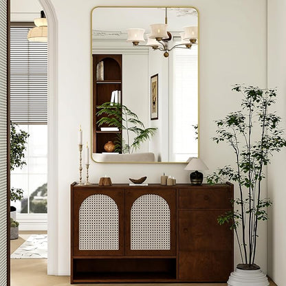 30 x 48 Inch Bathroom Mirror, Rounded Rectangular Vanity Mirror for Wall, Modern Mirror for Room Decor, Gold Framed Wall-Mounted Mirrors for Home Decor, Hangs Horizontally or Vertically