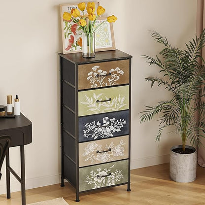 Tohomeor Vintage Dresser Vertical Nightstand with Neutral Botanical Plant Fabric Chest Drawers for Closet Bathroom Storage Tower Unit Bed Side Organizer Farmhouse Rustic (Multi, 5 Drawers)