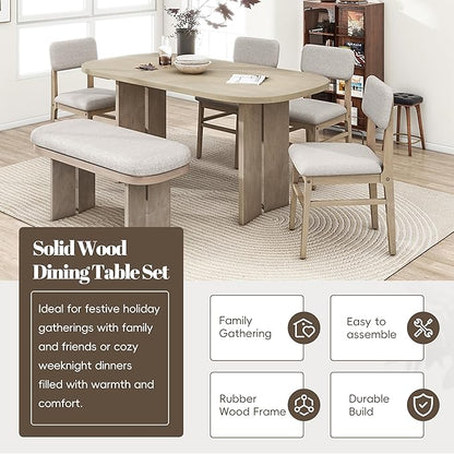 Merax Farmhouse Wooden Dining Set of 6, 65 Inch Rectangular Kitchen Table, Upholstered 4 Chairs with Backrest, Bench with Cushion, Easy Assemble, Natural