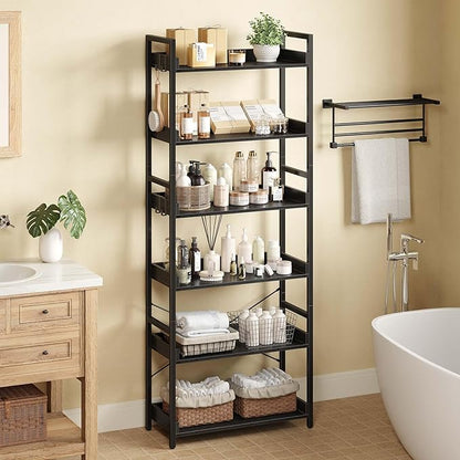Rolanstar Bookshelf 6 Tier with 4 Hooks, Industrial Bookcase, Vintage Storage Rack with Open Shelves, Rustic Standing Bookshelves Metal Frame Display Rack for Living Room, Bedroom, Black