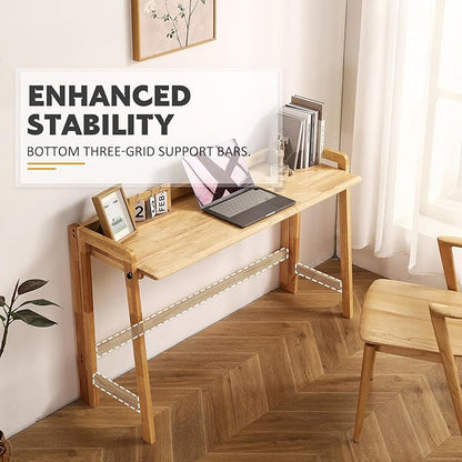 Solid Wood Folding Desk Mid Century Modern Table, 55'' Foldable Writing Computer Desk for Home Office, Simple Study Makeup Workstation, Wooden Study Office Desk Table for Small Spaces, Natural Color